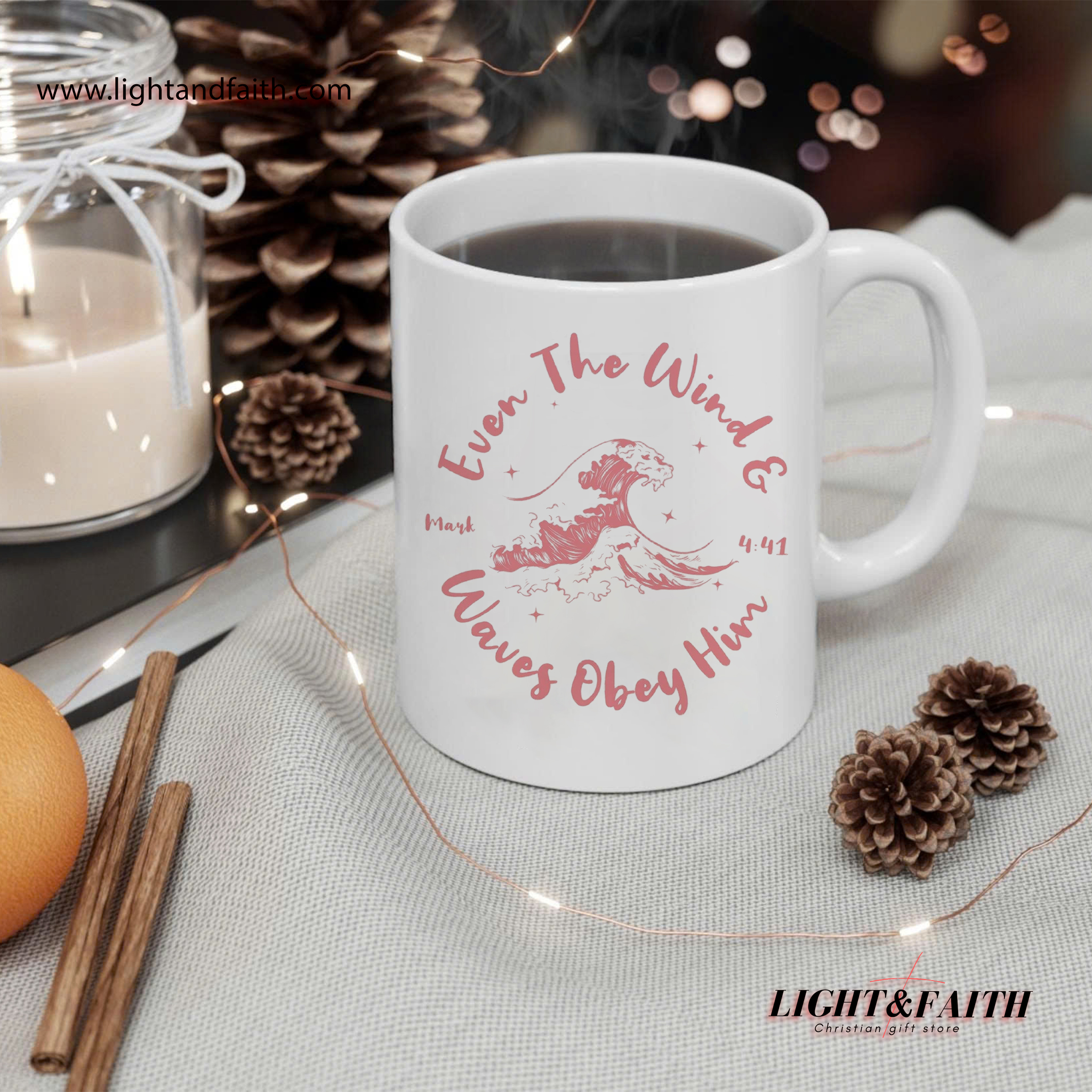 Even the Wind and Waves Obey Him Mug – Mark 441 Bible Verse Coffee Cup, Christian Ocean Wave Mug, Scripture Gift for Beach Lovers MULAF05